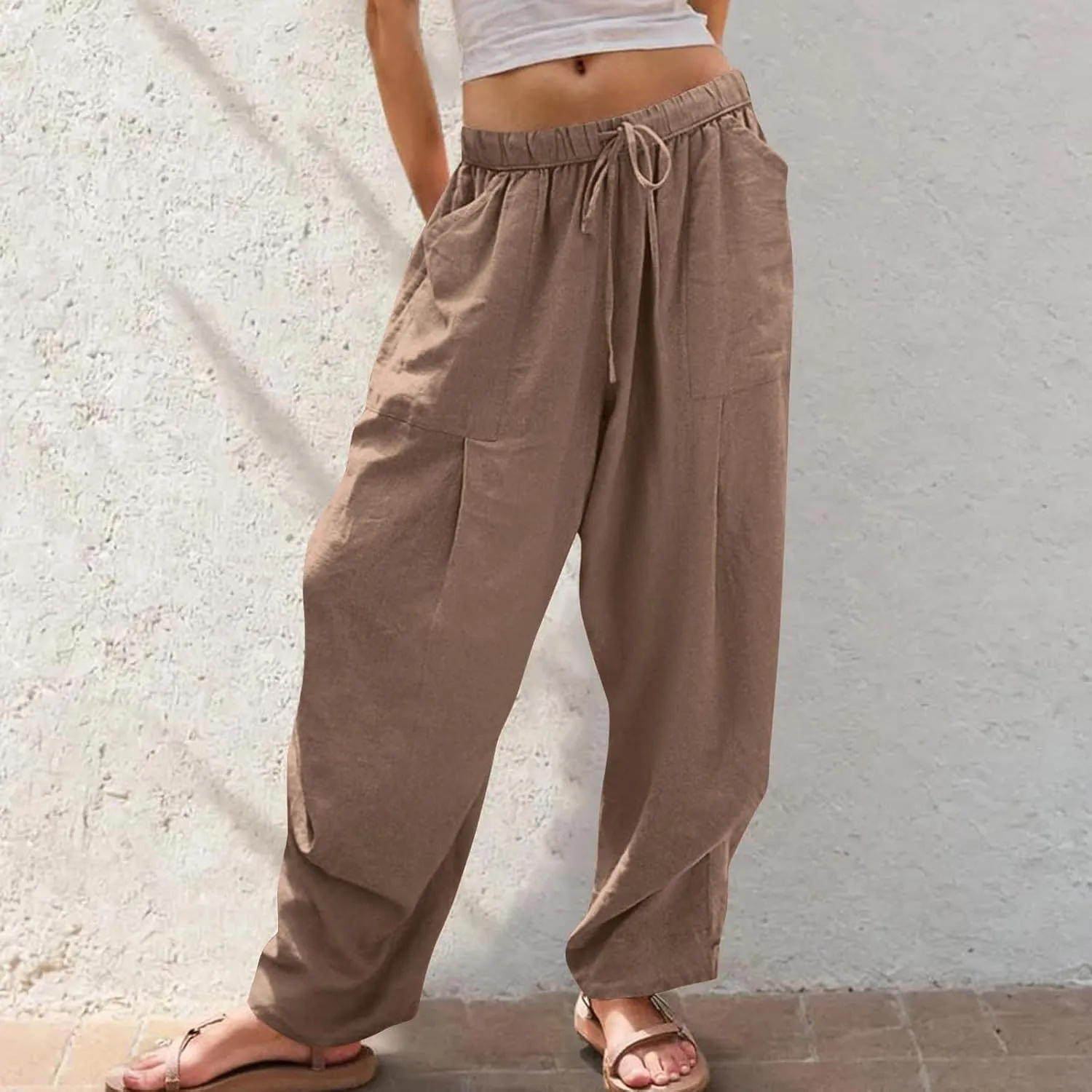 Linen Pants Women Casual Loose Elastic Waist Trousers Summer Lightweight Wide Leg Palazzo Pant Summer Outfits 2025