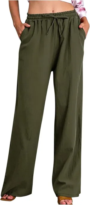 Linen Pants Women Summer Casual Wide Leg Palazzo Pants Baggy High Waisted Drawstring Lounge Trousers Beach Travel Outfits