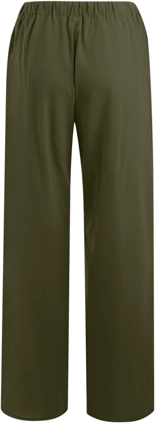 Linen Pants Women Summer Casual Wide Leg Palazzo Pants Baggy High Waisted Drawstring Lounge Trousers Beach Travel Outfits