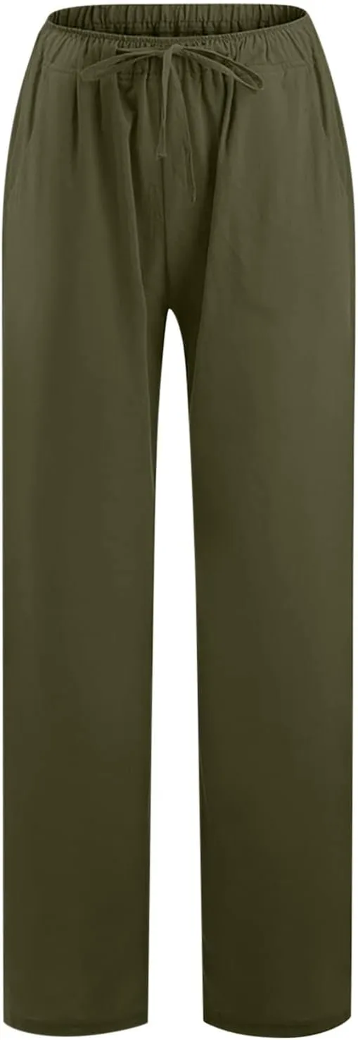Linen Pants Women Summer Casual Wide Leg Palazzo Pants Baggy High Waisted Drawstring Lounge Trousers Beach Travel Outfits