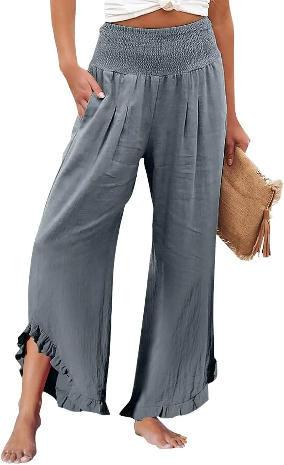 Linen Pants Women Summer Smocked High Waisted Wide Leg Palazzo Pants Casual Ruffle Flowy Beach Pants with Pockets