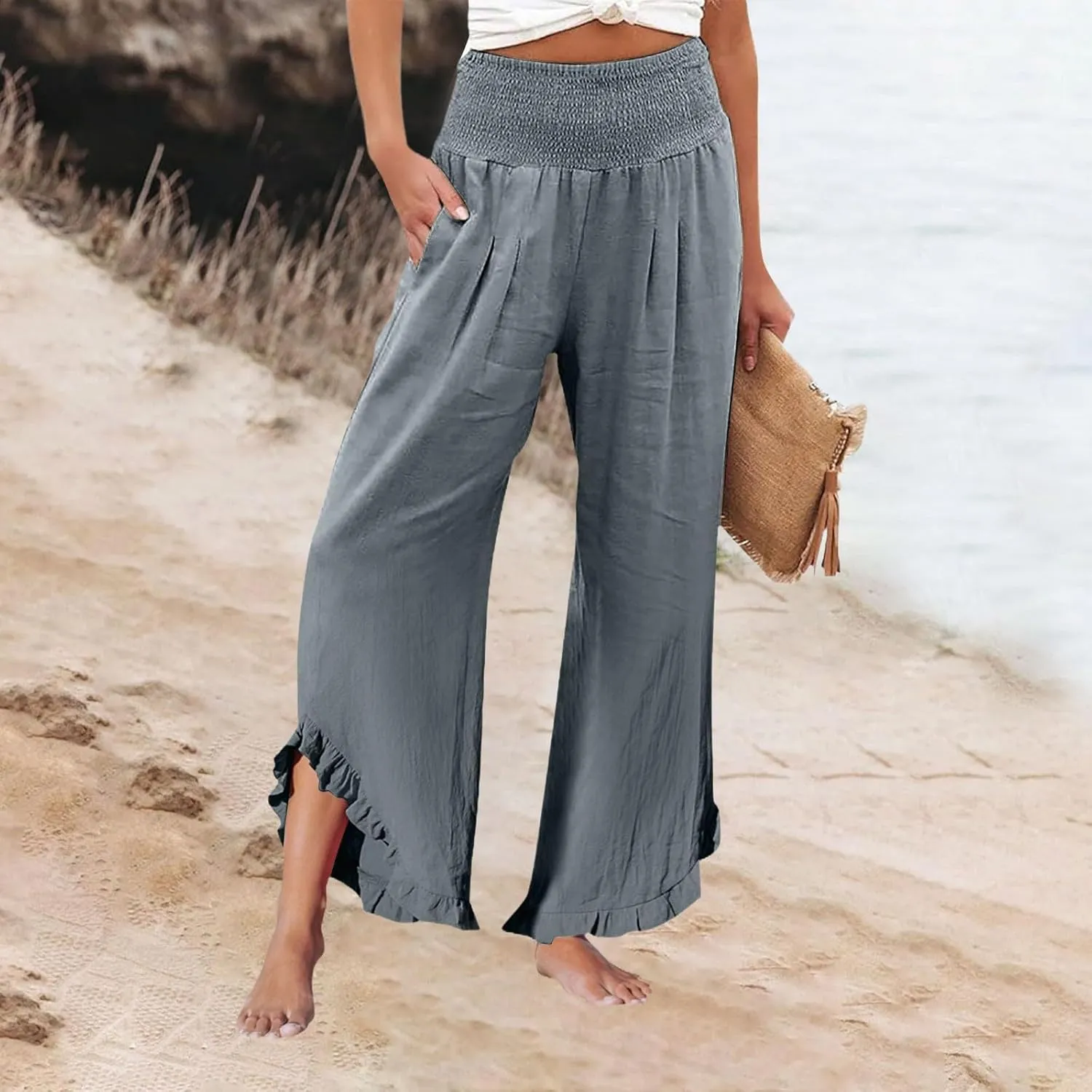 Linen Pants Women Summer Smocked High Waisted Wide Leg Palazzo Pants Casual Ruffle Flowy Beach Pants with Pockets