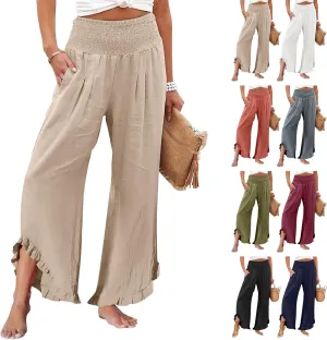 Linen Pants Women Summer Smocked High Waisted Wide Leg Palazzo Pants Casual Ruffle Flowy Beach Pants with Pockets