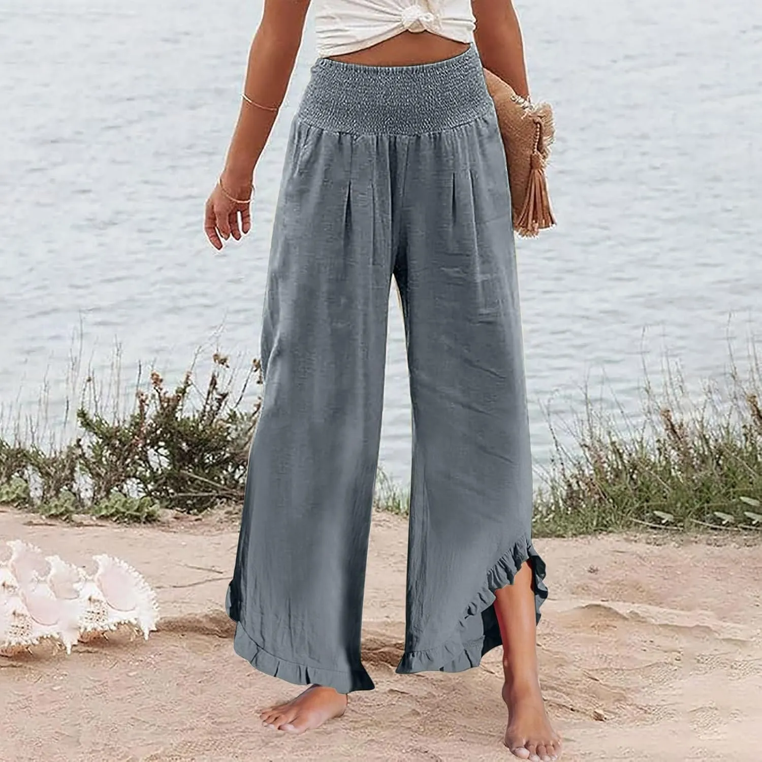Linen Pants Women Summer Smocked High Waisted Wide Leg Palazzo Pants Casual Ruffle Flowy Beach Pants with Pockets