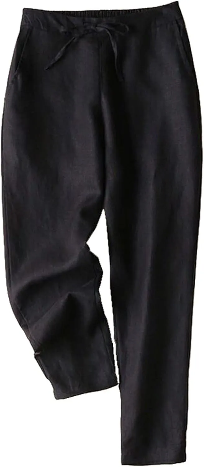 Linen Pants Women Tall Plus Size Summer Cotton Linen Pant Elastic High Waist Cropped Trousers Loose Fit Casual Pants