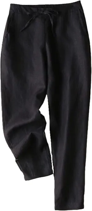 Linen Pants Women Tall Plus Size Summer Cotton Linen Pant Elastic High Waist Cropped Trousers Loose Fit Casual Pants