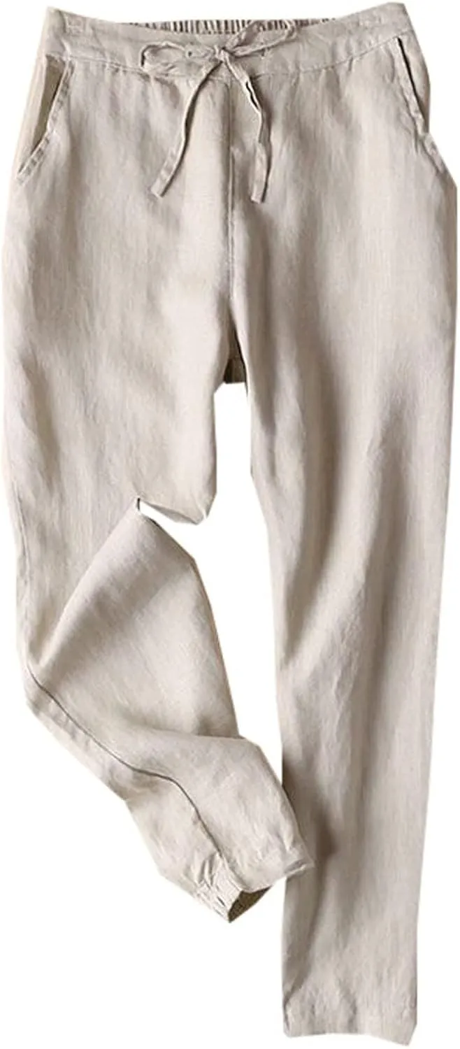 Linen Pants Women Tall Plus Size Summer Cotton Linen Pant Elastic High Waist Cropped Trousers Loose Fit Casual Pants