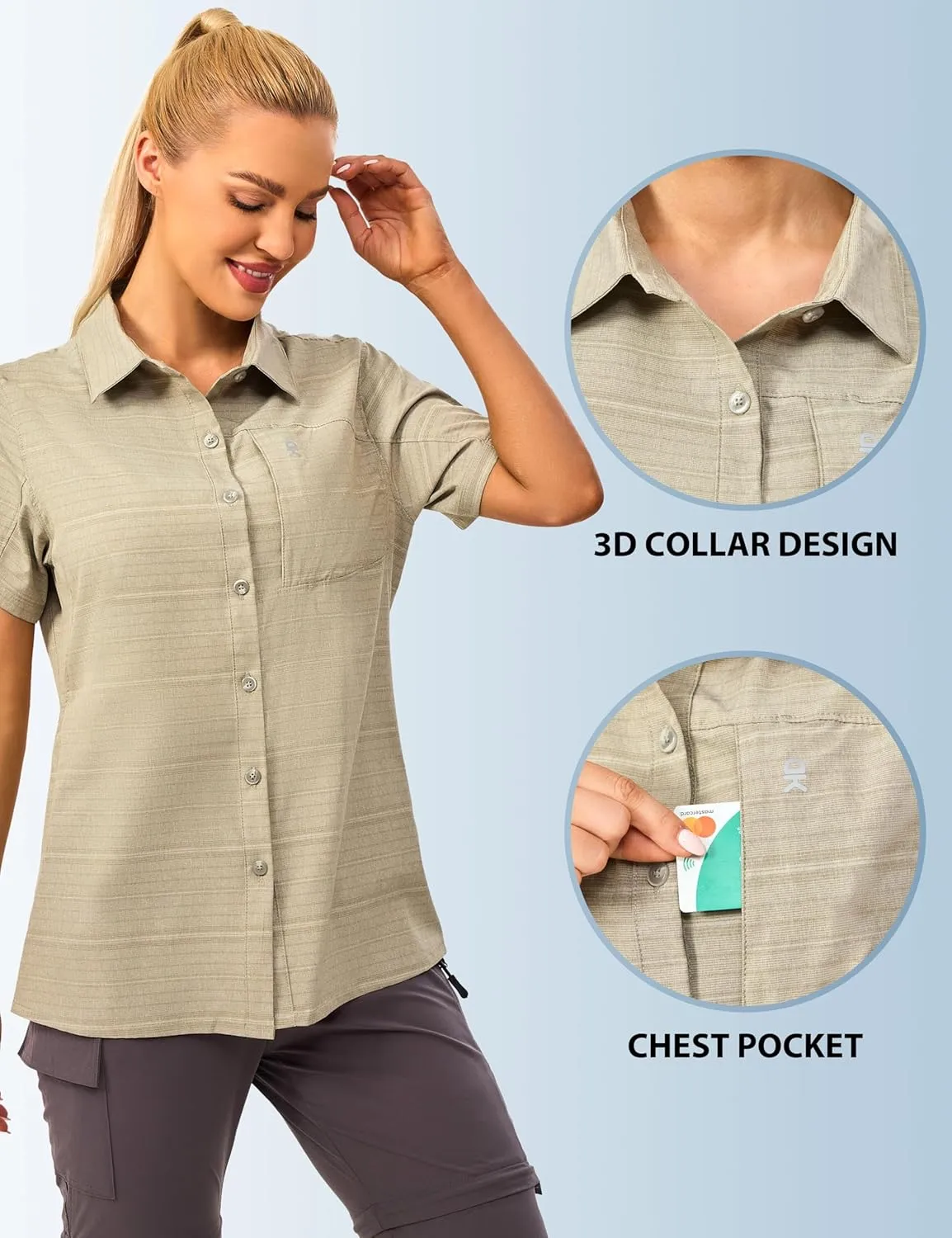 Little Donkey Andy Women's UV Breathable Striped Shirt, Short Sleeve Button Down for Shirt Travel Hiking