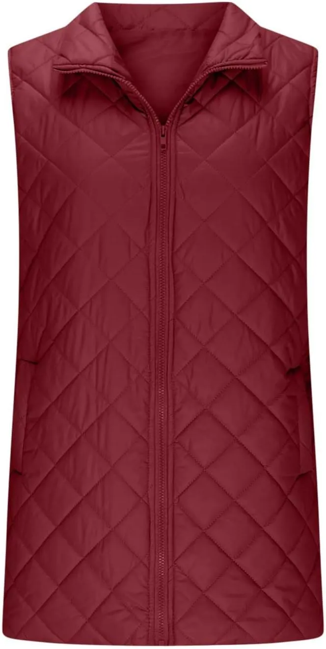 Long Puffer Vest Womens Winter Ultra Light Quilted Long Down Vest Stand Collar Full Zip Pockets Black Outerwear Vest