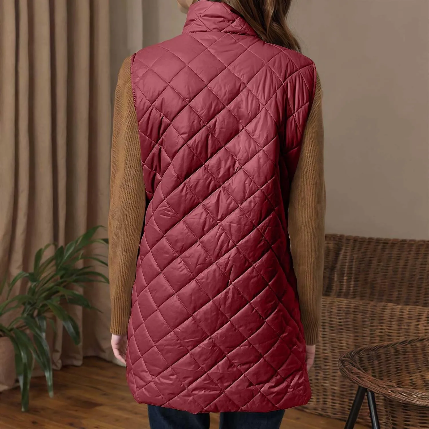 Long Puffer Vest Womens Winter Ultra Light Quilted Long Down Vest Stand Collar Full Zip Pockets Black Outerwear Vest