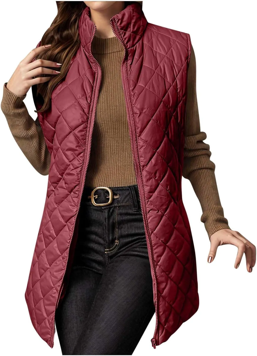Long Puffer Vest Womens Winter Ultra Light Quilted Long Down Vest Stand Collar Full Zip Pockets Black Outerwear Vest