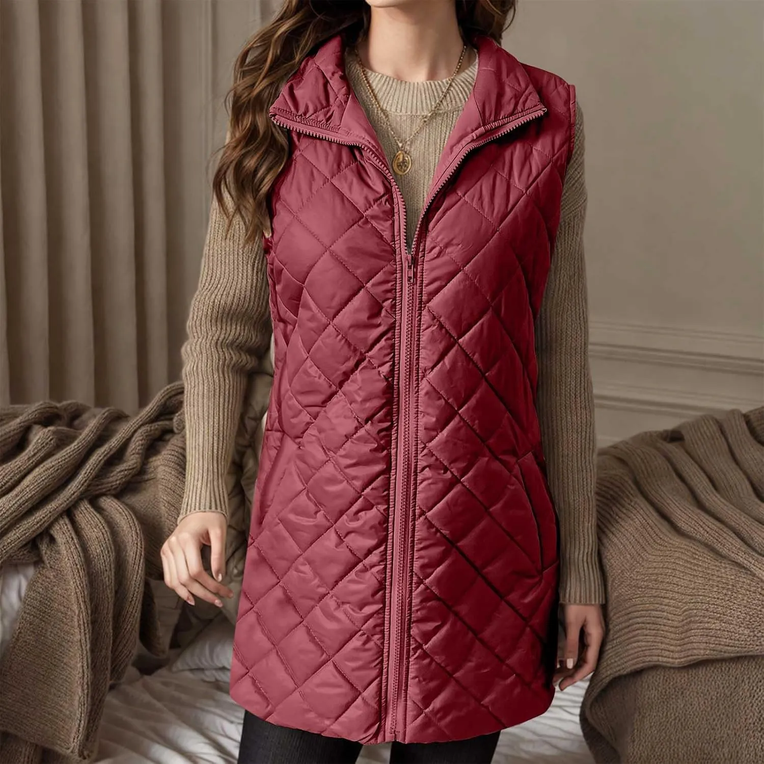 Long Puffer Vest Womens Winter Ultra Light Quilted Long Down Vest Stand Collar Full Zip Pockets Black Outerwear Vest