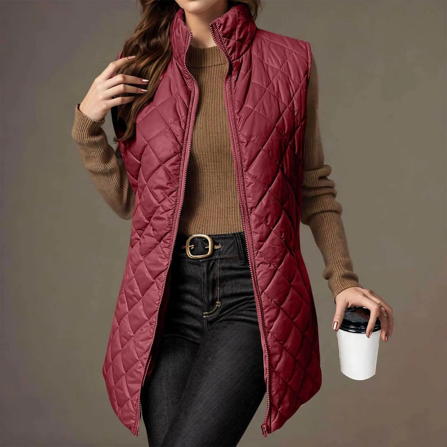Long Puffer Vest Womens Winter Ultra Light Quilted Long Down Vest Stand Collar Full Zip Pockets Black Outerwear Vest