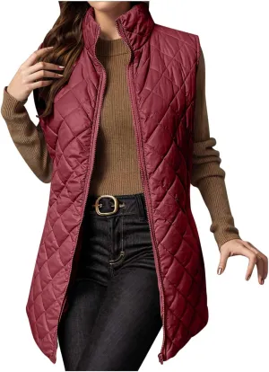 Long Puffer Vest Womens Winter Ultra Light Quilted Long Down Vest Stand Collar Full Zip Pockets Black Outerwear Vest