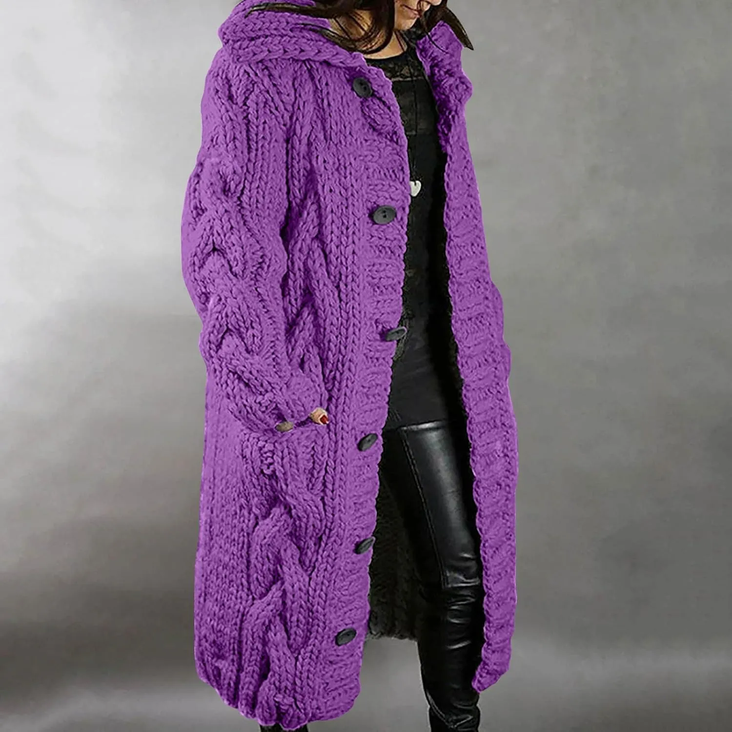 Long Trench Coats for Women Chunky Knitted Jackets Sweaters Long Sleeve Cardigan Tops Warm Hooded Jacket with Pocket