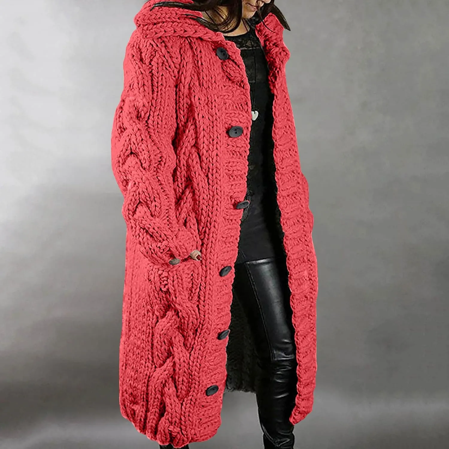 Long Trench Coats for Women Chunky Knitted Jackets Sweaters Long Sleeve Cardigan Tops Warm Hooded Jacket with Pocket