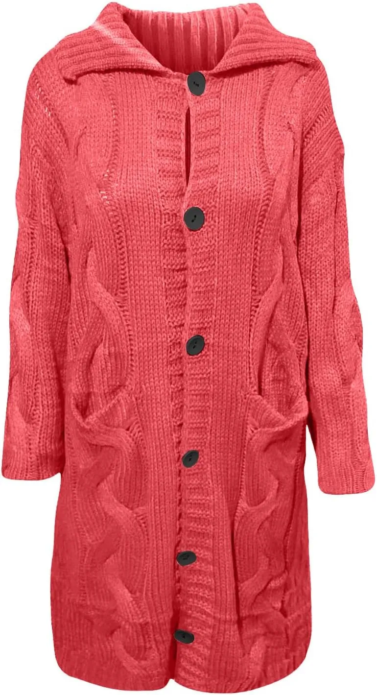 Long Trench Coats for Women Chunky Knitted Jackets Sweaters Long Sleeve Cardigan Tops Warm Hooded Jacket with Pocket