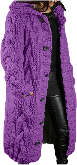Long Trench Coats for Women Chunky Knitted Jackets Sweaters Long Sleeve Cardigan Tops Warm Hooded Jacket with Pocket