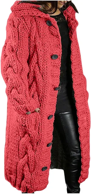 Long Trench Coats for Women Chunky Knitted Jackets Sweaters Long Sleeve Cardigan Tops Warm Hooded Jacket with Pocket