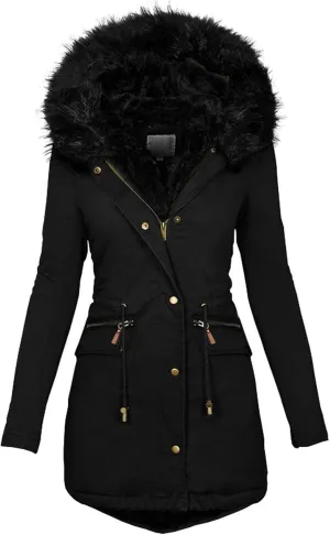 Long Winter Coat with Hood Slim Casual Thicker Fashion Women'S Coat Long Sleeve Full Zip Womens Clothing Black