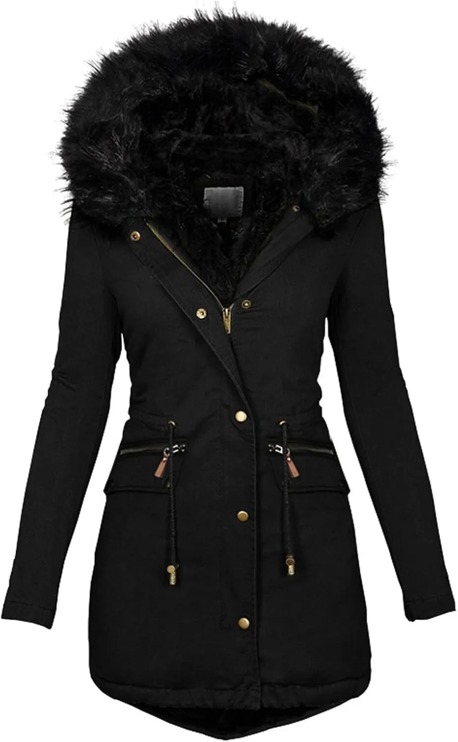 Long Winter Coat with Hood Slim Casual Thicker Fashion Women'S Coat Long Sleeve Full Zip Womens Clothing Black