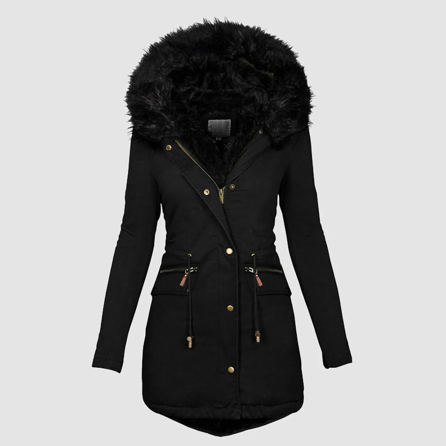 Long Winter Coat with Hood Slim Casual Thicker Fashion Women'S Coat Long Sleeve Full Zip Womens Clothing Black