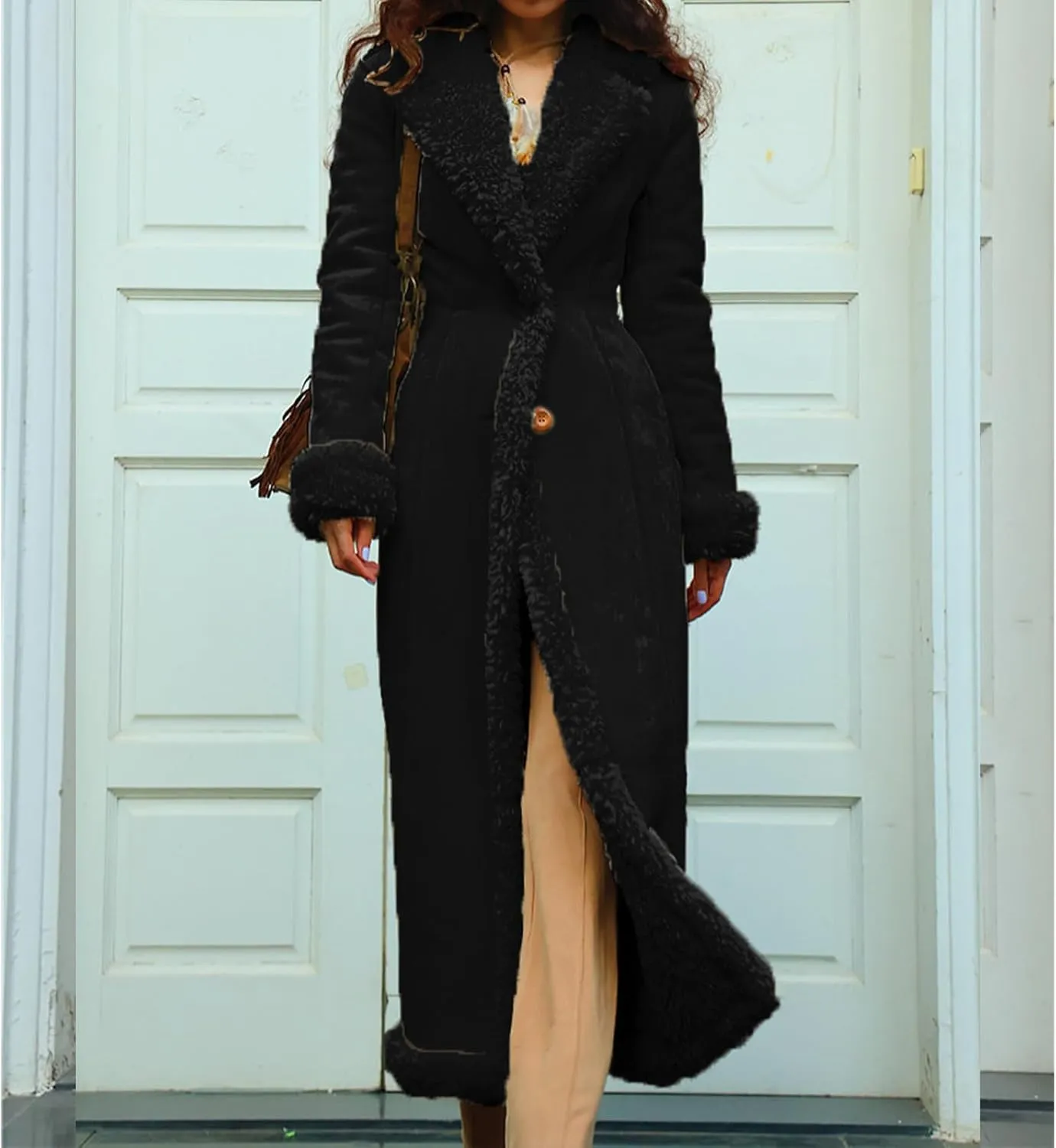 Long Winter Coats for Women Faux Suede Leather Shearing Jacket Fuzzy Sherpa Lined Trench Coat Business Casual Overcoat