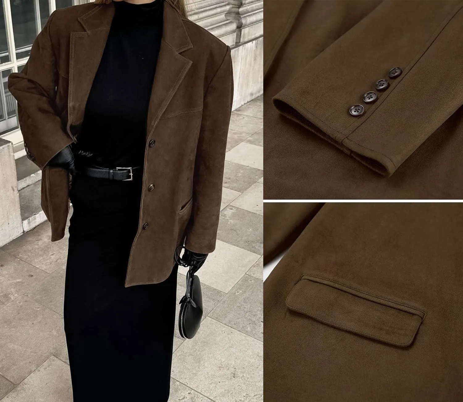 loveimgs Women Retro Brown Faux Suede Jacket Leather Blazer Coat Old Money Aesthetic Fall Jacket Bomber Y2k Oversized