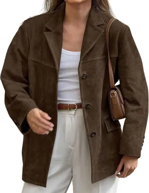 loveimgs Women Retro Brown Faux Suede Jacket Leather Blazer Coat Old Money Aesthetic Fall Jacket Bomber Y2k Oversized