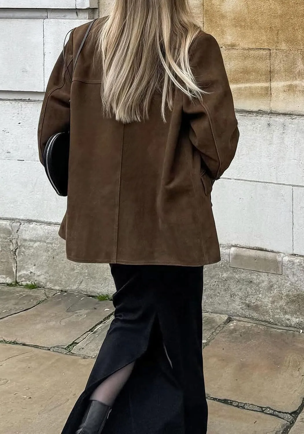 loveimgs Women Retro Brown Faux Suede Jacket Leather Blazer Coat Old Money Aesthetic Fall Jacket Bomber Y2k Oversized