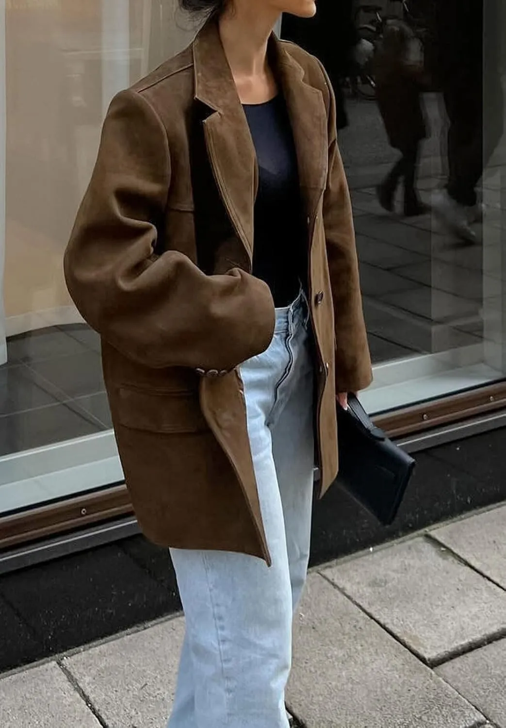 loveimgs Women Retro Brown Faux Suede Jacket Leather Blazer Coat Old Money Aesthetic Fall Jacket Bomber Y2k Oversized
