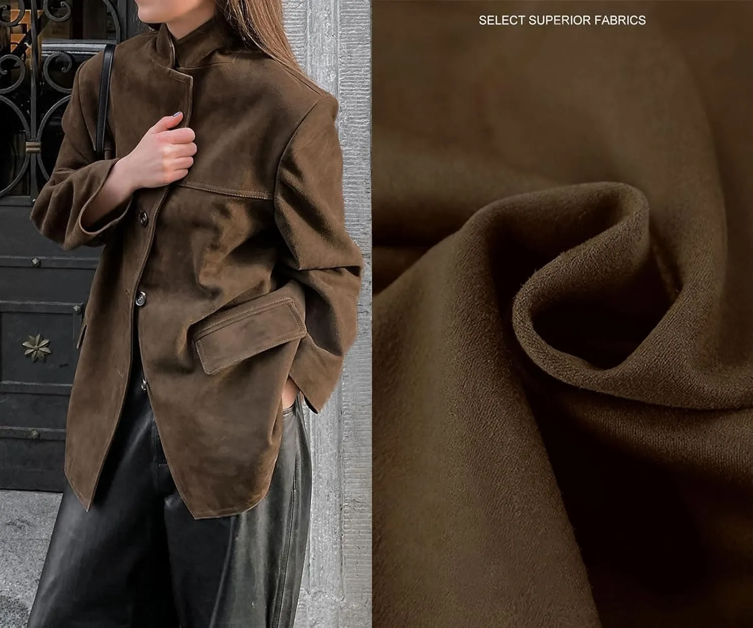 loveimgs Women Retro Brown Faux Suede Jacket Leather Blazer Coat Old Money Aesthetic Fall Jacket Bomber Y2k Oversized