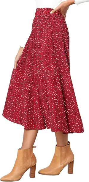loveimgs Women's Polka Dot Elastic High Waisted Pleated Ruffle Long Skirt Party Flowy A Line Midi Skirt
