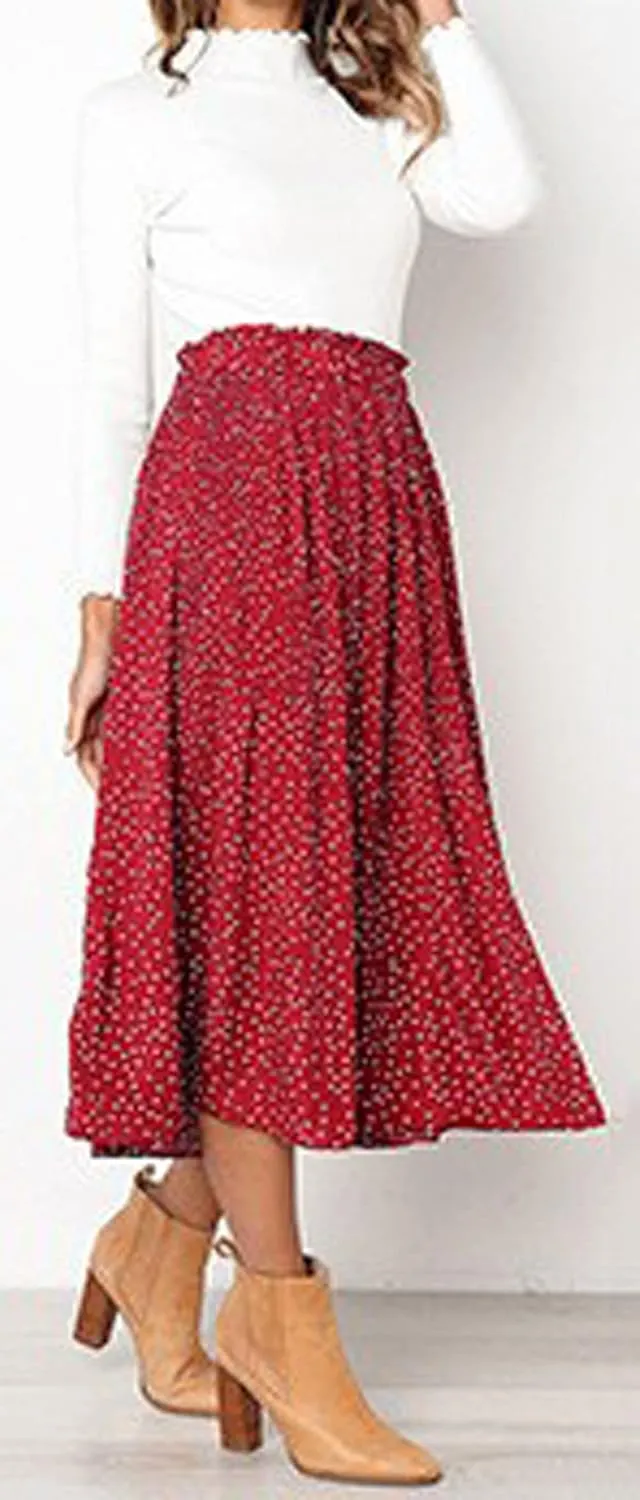 loveimgs Women's Polka Dot Elastic High Waisted Pleated Ruffle Long Skirt Party Flowy A Line Midi Skirt