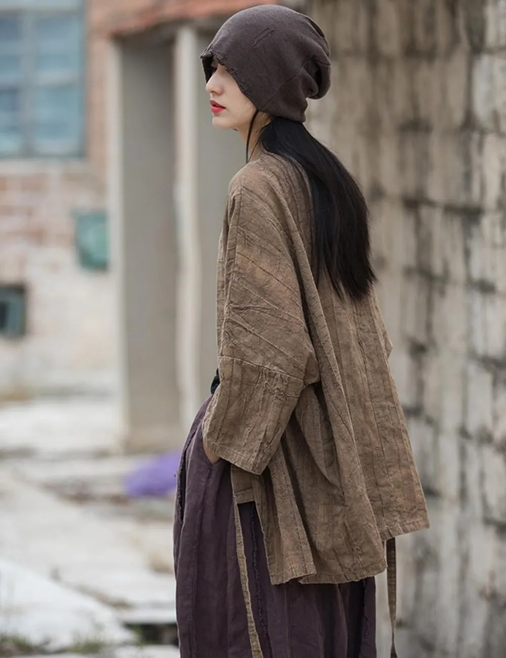 LUZU JUNU Women Open Front Kimono Jacket Cotton Linen Vintage Tie Dye Hanfu Lace-Up Cardigan