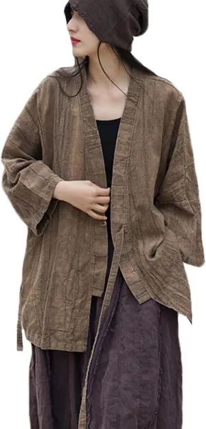 LUZU JUNU Women Open Front Kimono Jacket Cotton Linen Vintage Tie Dye Hanfu Lace-Up Cardigan