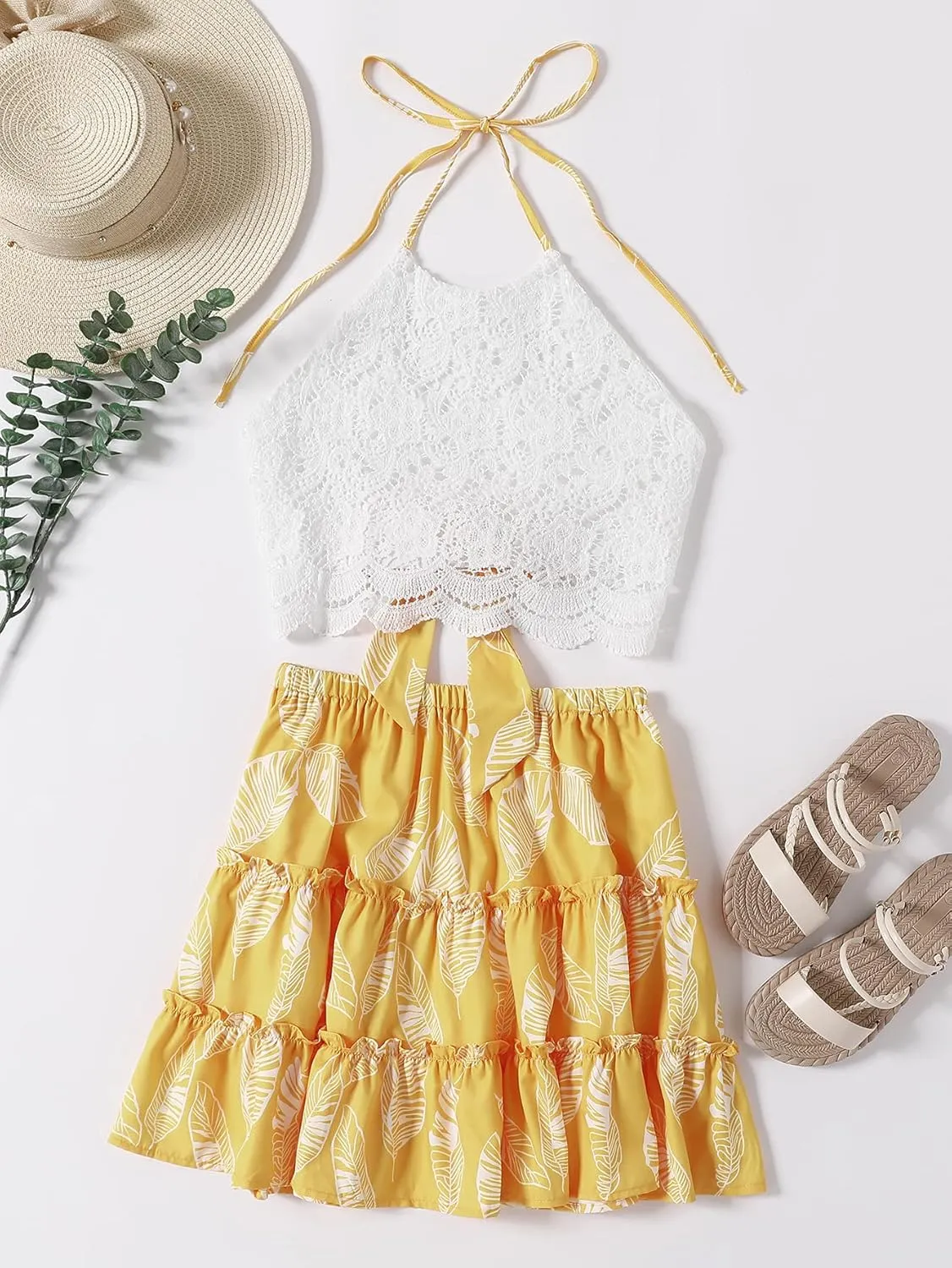 LYANER Women's 2 Piece Outfits Summer Lace Halter Cami Crop Top with Floral Mini Skirt Set
