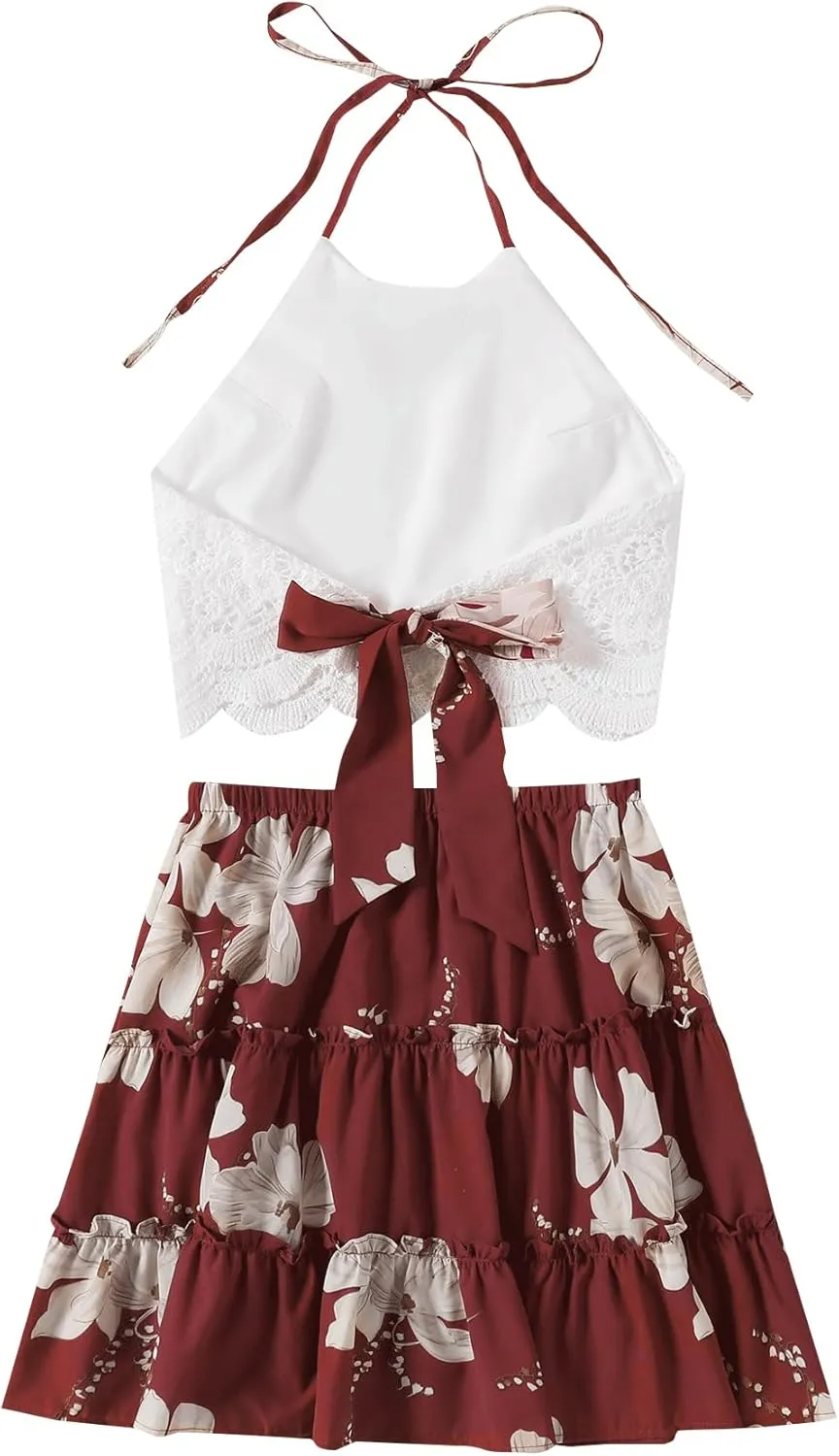 LYANER Women's 2 Piece Outfits Summer Lace Halter Cami Crop Top with Floral Mini Skirt Set