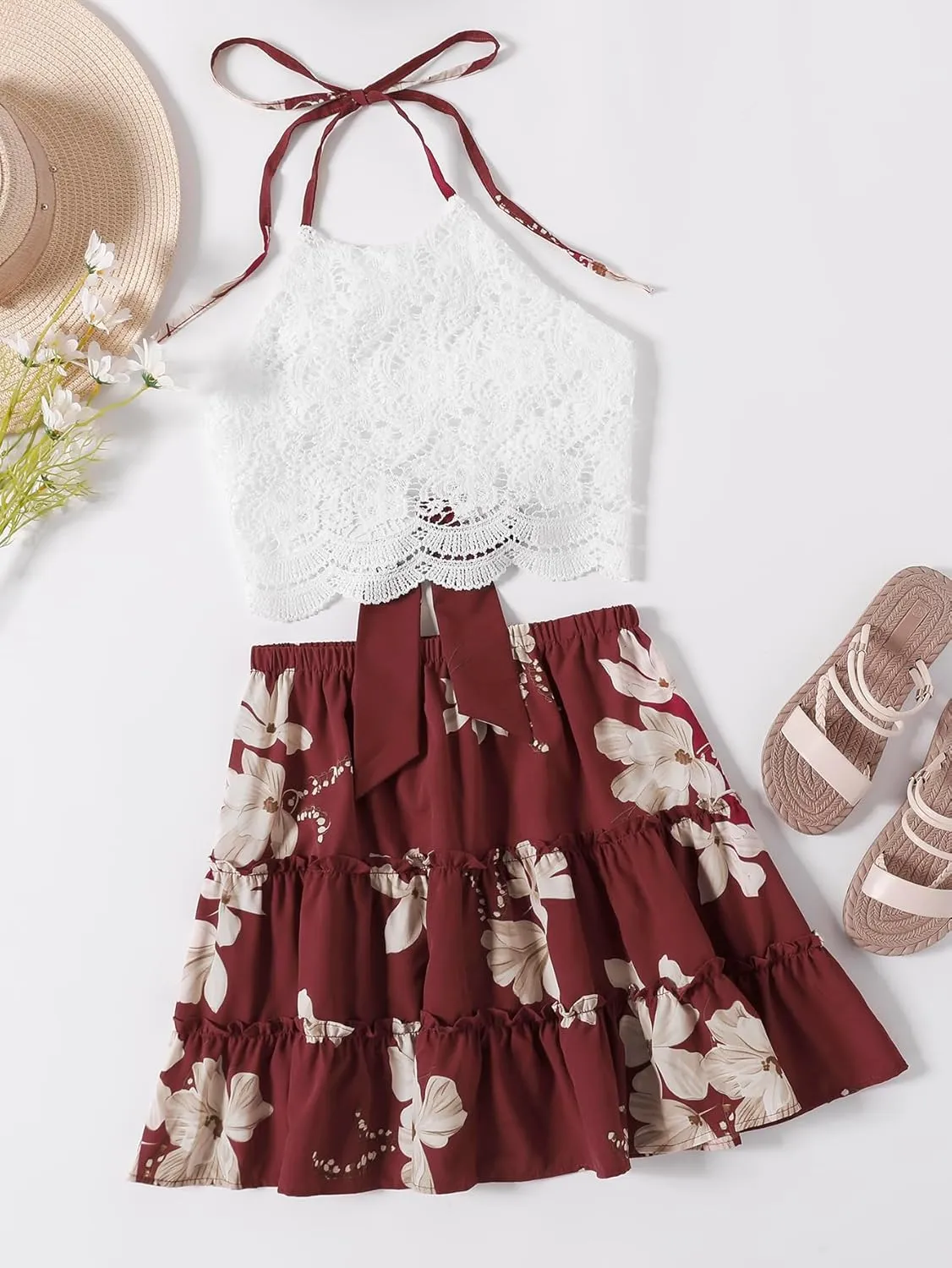 LYANER Women's 2 Piece Outfits Summer Lace Halter Cami Crop Top with Floral Mini Skirt Set