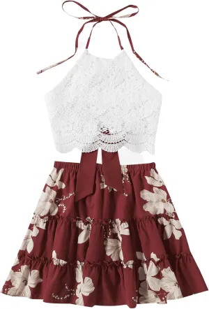 LYANER Women's 2 Piece Outfits Summer Lace Halter Cami Crop Top with Floral Mini Skirt Set