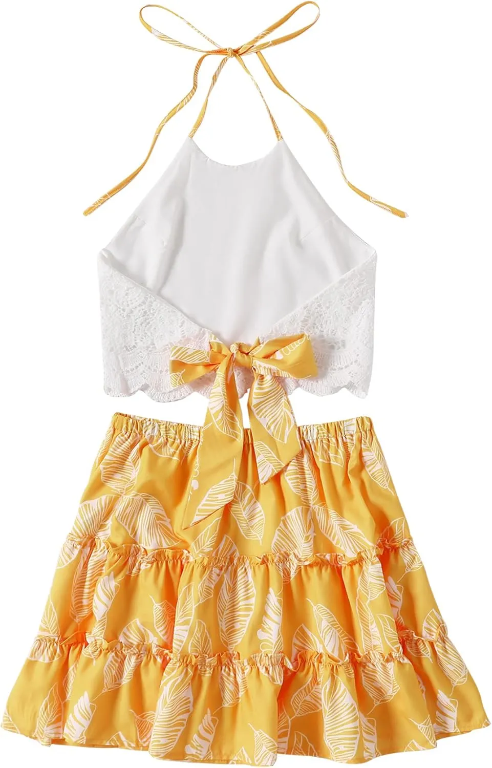 LYANER Women's 2 Piece Outfits Summer Lace Halter Cami Crop Top with Floral Mini Skirt Set