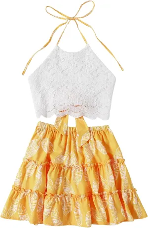 LYANER Women's 2 Piece Outfits Summer Lace Halter Cami Crop Top with Floral Mini Skirt Set