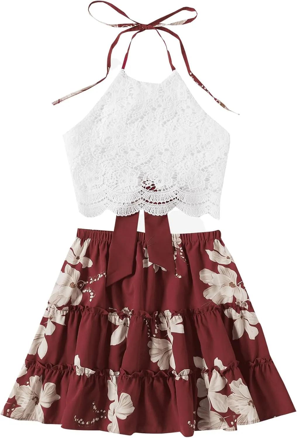 LYANER Women's 2 Piece Outfits Summer Lace Halter Cami Crop Top with Floral Mini Skirt Set