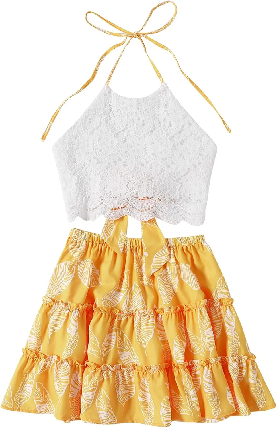LYANER Women's 2 Piece Outfits Summer Lace Halter Cami Crop Top with Floral Mini Skirt Set