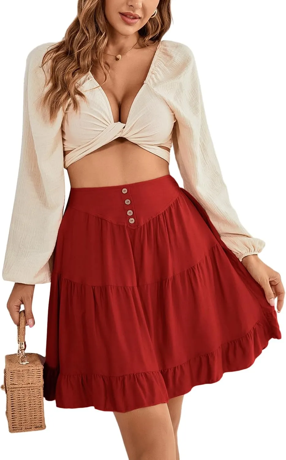 LYANER Women's Casual High Waist A Line Ruffle Hem Swing Skater Short Mini Skirt