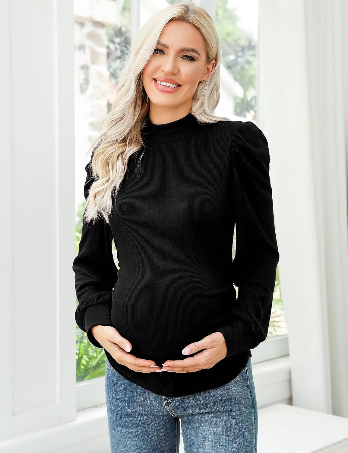 Maternity Shirts Women's V Neck Floral Maternity Tops Smocked Ruffle Hem Tunic Blouse for Women