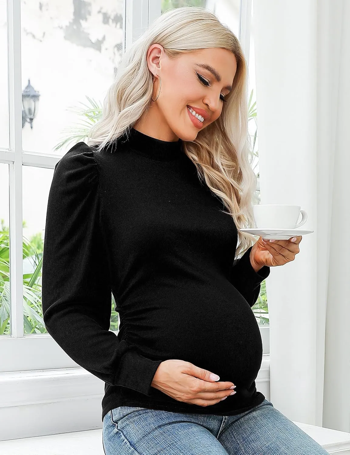 Maternity Shirts Women's V Neck Floral Maternity Tops Smocked Ruffle Hem Tunic Blouse for Women