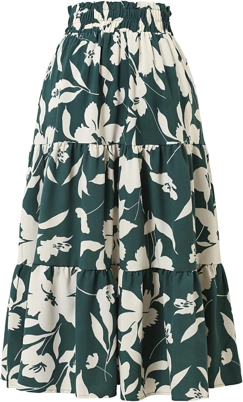 Maxi Skirts for Women 2025 Summer Ruffle Elastic High Waist Tiered Skirt Vacation A-Line Flowy Swing Long Skirts