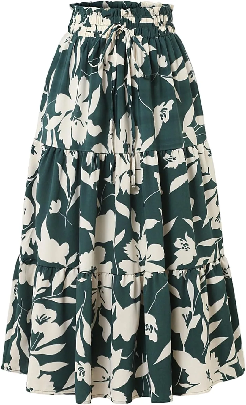 Maxi Skirts for Women 2025 Summer Ruffle Elastic High Waist Tiered Skirt Vacation A-Line Flowy Swing Long Skirts
