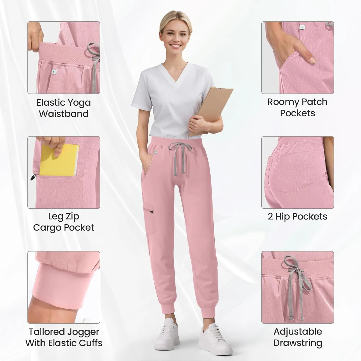 Medical Scrub Pants for Women, Jogger Scrub Pants with 5 Pockets Drawstring Cargo Pants Mid-Rise Womens Scrubs Pant